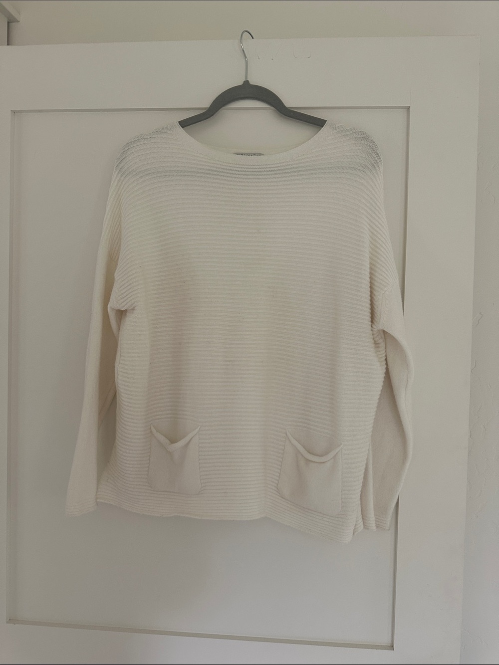 Relaxed Cream Ribbed Pocket Sweater - Women